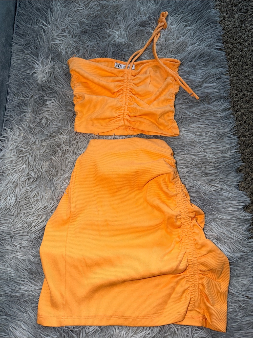 Zara Bright Orange Ruched Crop Top & Skirt Set
